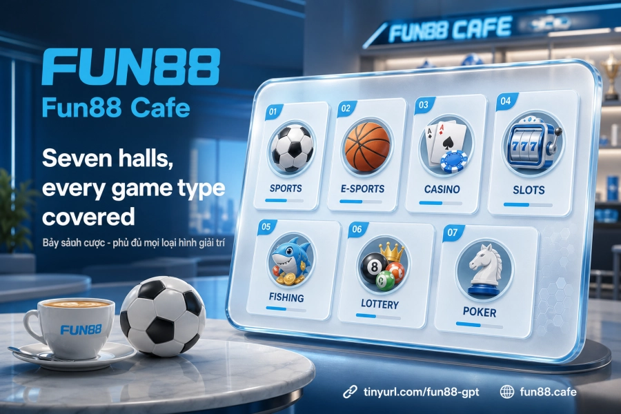 Danh mục 7 sảnh Fun88 thể thao esports casino nổ hũ xổ số bắn cá đá gà