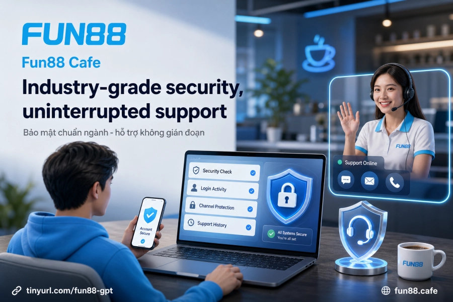 Bảo mật Fun88 SSL 128-bit hỗ trợ 24/7 live chat kiểm soát cá cược trách nhiệm
